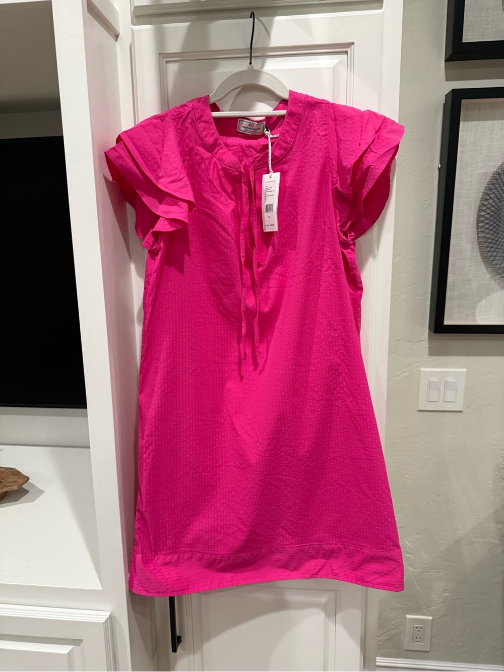 Vineyard Vines Women’s Harbor Vineyard Tunic Hot Pink Ruffle Sleeve Dress